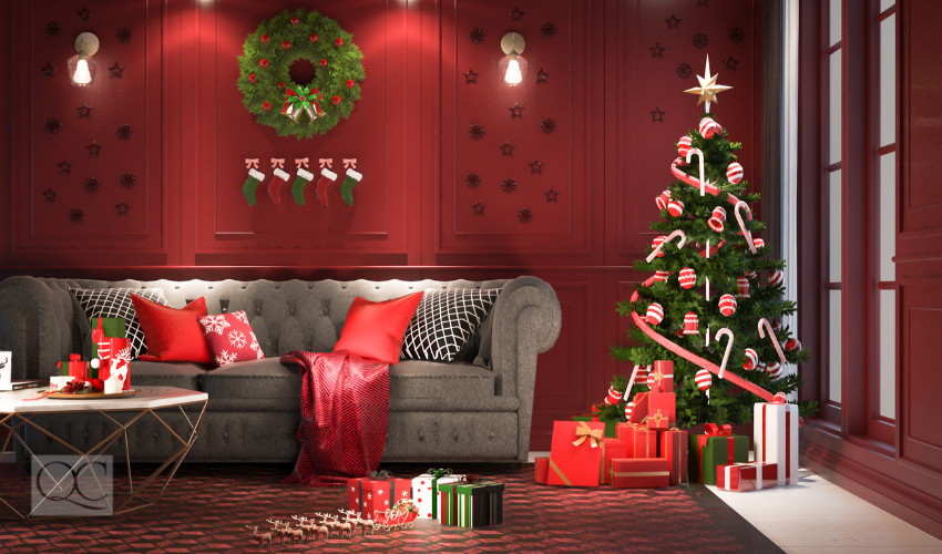 Red Living Room with Christmas Decoration