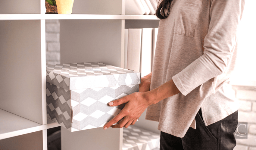 woman putting box into organized closet and shelf