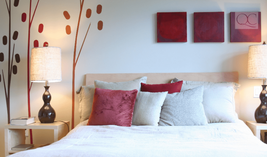 bedroom with red and white color accents