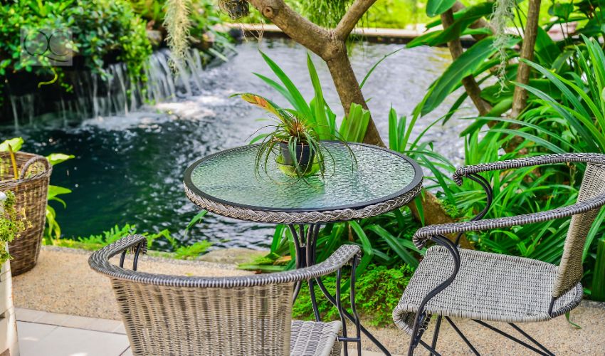 Flowing water, pond in backyard of home