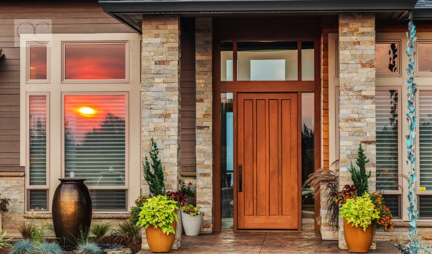 House exterior entry way with wooden door