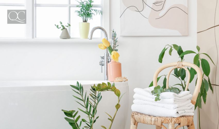 Interior of bathroom with floral decor