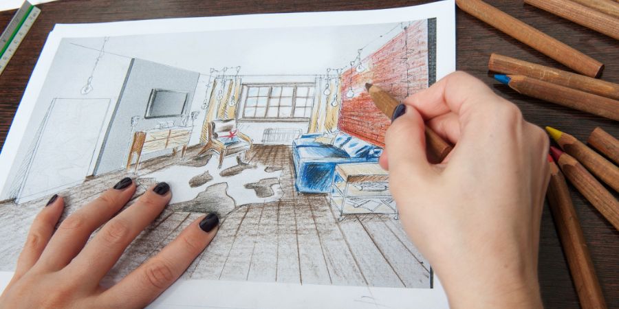 Outline drawings for the design of the kitchen design, everything is drawn in pencil. Beautiful, brick walls. Home design business money article.