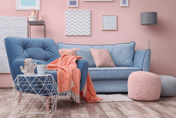 Modern living room interior with blue armchair