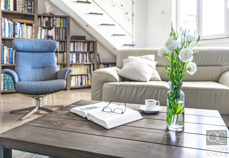 home library with coffee table