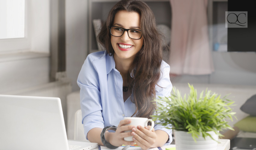 happy home designer with coffee