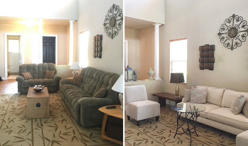 Living room home staging transformation