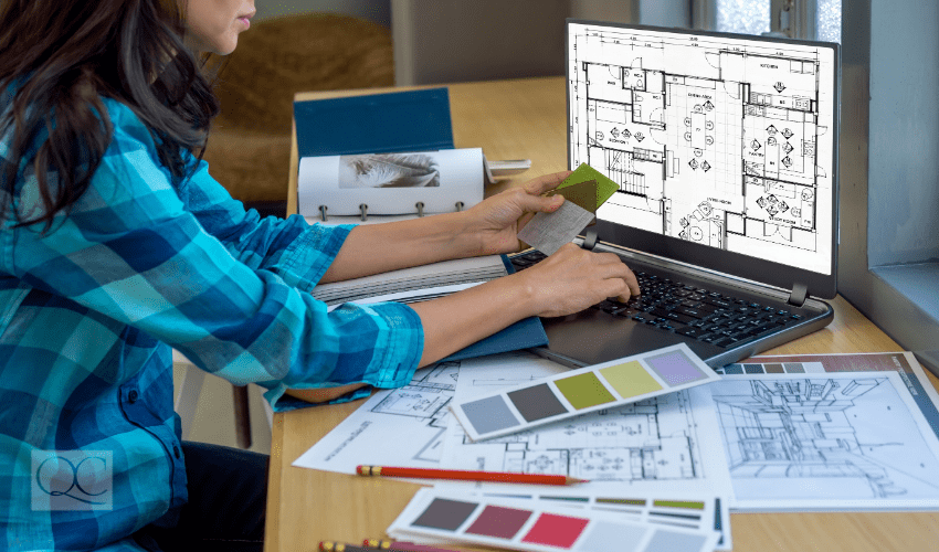 interior designer increasing salary by working online, off desktop computer