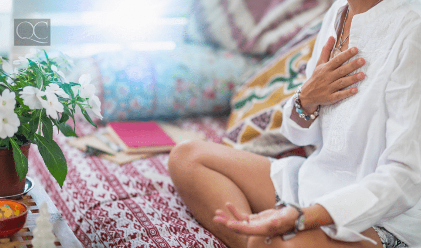 zen woman relaxing on couch