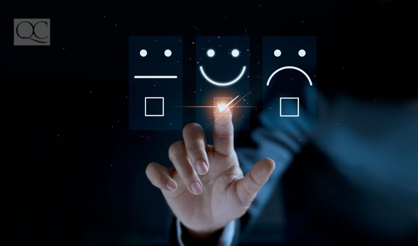 Finger of businessman touching and check mark icon face emoticon smile on dark background, service mind, service rating. Satisfaction and customer service concept