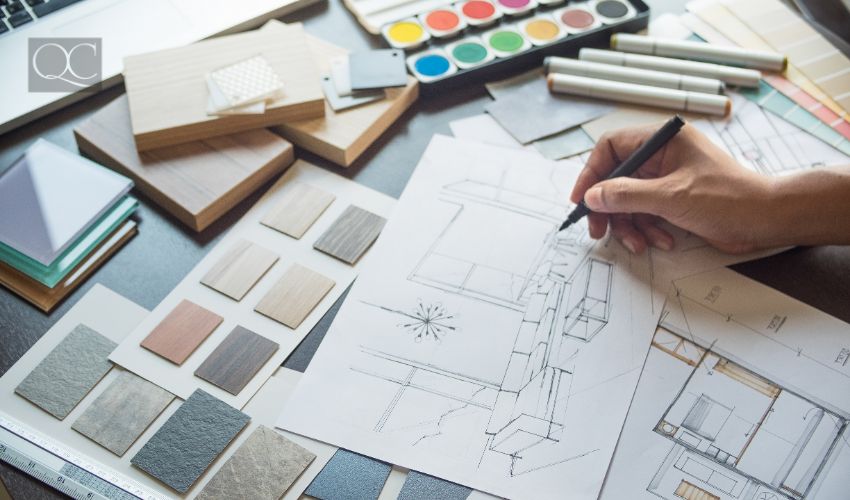 How to become an interior decorator, Architect designer Interior creative working hand drawing sketch plan blue print selection material color samples art tools Design Studio