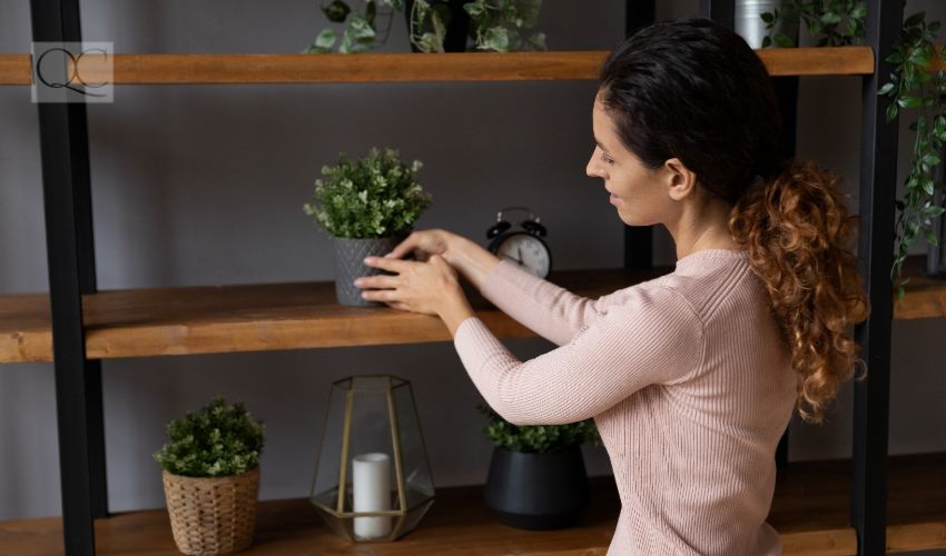 How to become an interior decorator, woman arranging potted plant on wooden shelf