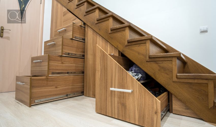 Modern architecture interior with luxury hallway with glossy wooden stairs in multi-storey house. Custom built pullout cabinets on glides in slots under stairs. Use of space for storage.