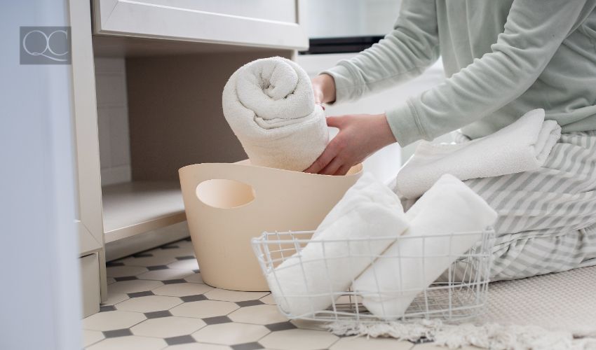 Rolled up bath towel organizing storage in closet under sink. Happy female enjoying housework putting hygiene cotton accessories into commode. Modern Marie Kondo's method