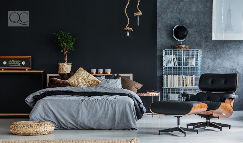 Wicker accessories in black and grey modern bedroom